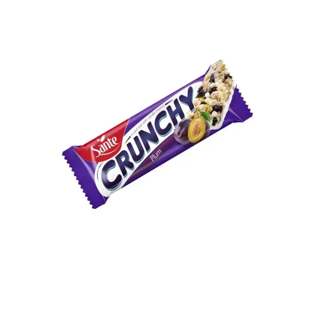 Barre Crunchy Sante saveur prune avec enrobage chocolaté, une encas savoureuse et nutritionnelle