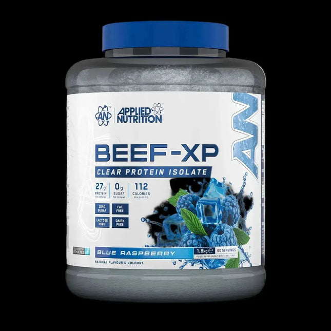 Applied nutrition bœuf-xp isolat protéiné protéine claire 1800g saveur framboise bleue dans un pot transparent avec couvercle bleu