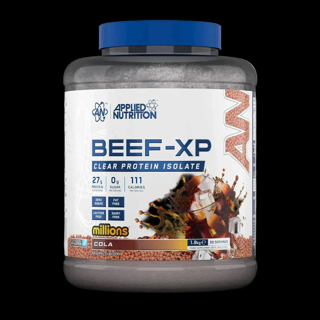 Bœuf-xp isolat protéiné cola saveur protéine claire 1800g en pot transparent avec couvercle bleu et éclaboussures glace