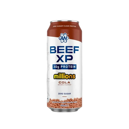 Une canette en aluminium marron et blanche beef-xp clear protéine drink 500ml zero sucre avec 30g de protéine amino acids creatine