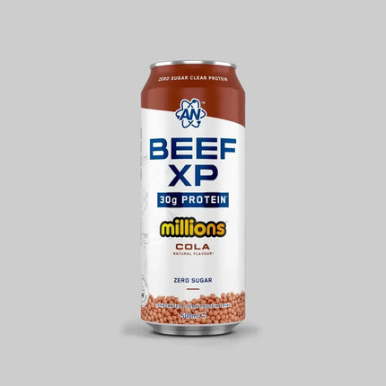 Une canette en aluminium marron et blanche beef-xp clear protéine drink 500ml zero sucre avec 30g de protéine amino acids creatine