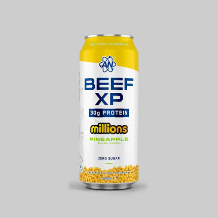 Canette jaune et blanche de beef-xp clear protéine drink 500ml saveur ananas avec 30g de protéine et zéro sucre