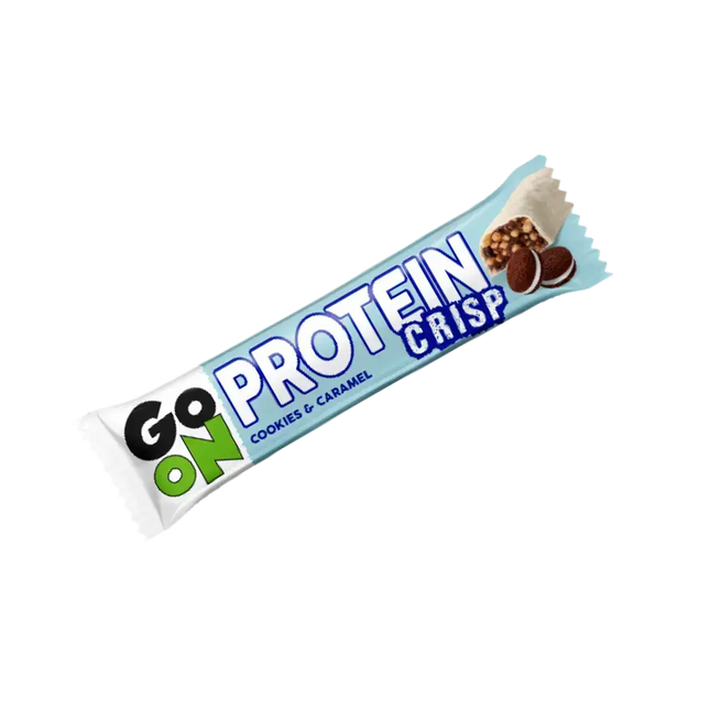 GO ON Protein Bar Crisp Cookies Caramel 50g – Barre protéinée croustillante, saveur cookie-caramel, enrichie en WPC 80 et vitamines, idéale pour la récupération