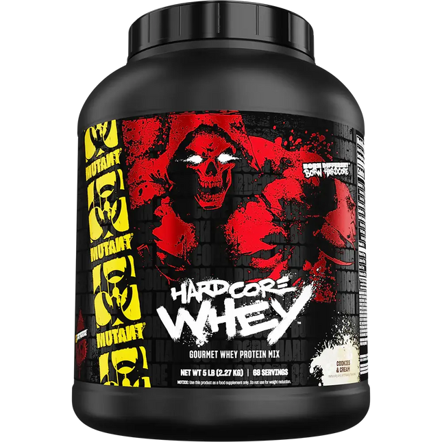 Conteneur noir de mutant hardcore whey protein 2270g avec étiquette rouge et jaune skull pour absorption ultra-rapide post-entraînement