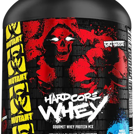 Boîte noire de mutant hardcore whey 2270g avec graphique crâne rouge noir et enzymes digestives ajoutées goût vanille