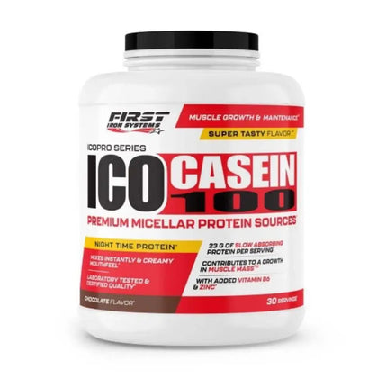 ICO Casein 100 Saveur Chocolat - First Iron Systems | Protéine à digestion lente pour un apport continu en acides aminés, favorisant la récupération musculaire et le maintien de la masse maigre.