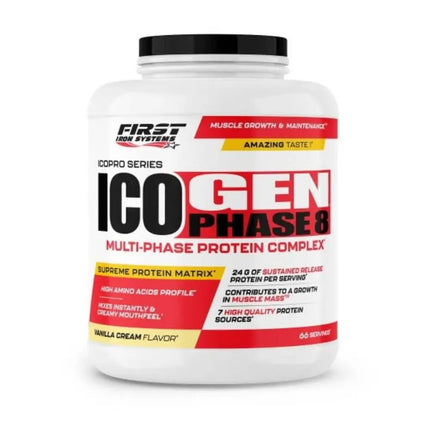 ICO GEN PHASE 8 Saveur Vanille - First Iron Systems | Protéine multiphase à assimilation prolongée, idéale pour la prise de masse et la récupération musculaire.
