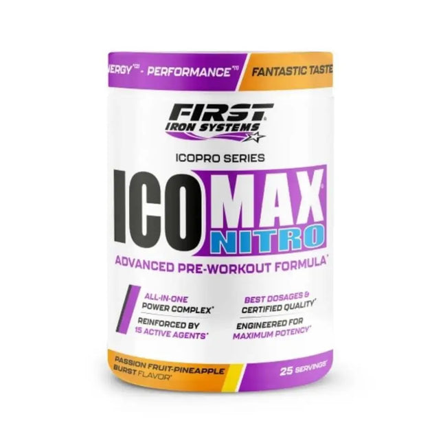 ICO MAX NITRO Saveur Mangue Ananas - First Iron Systems | Booster pré-entraînement puissant avec caféine, créatine, BCAA et vitamines pour des performances explosives et une congestion musculaire optimisée.