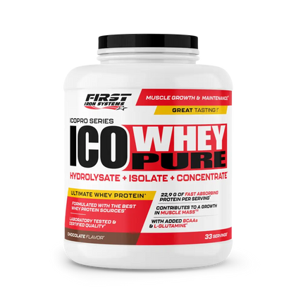 Pot de plastique blanc de first iron systems ico whey pure 1000g poudre protéinée chocolat absorption rapide