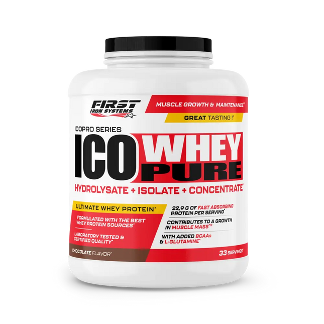 Pot de plastique blanc de first iron systems ico whey pure 1000g poudre protéinée chocolat absorption rapide