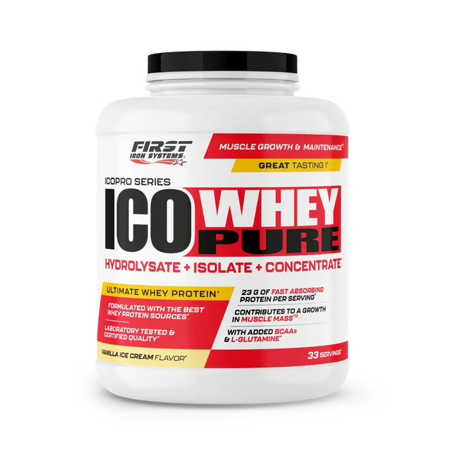 White plastic container with black lid labeled first iron systems ico whey pure 1000g featuring absorption rapide
