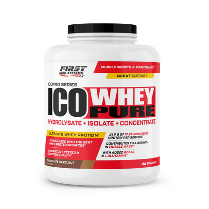 Conteneur blanc en plastique ico whey pure 2000g pour récupération musculaire et développement musculaire avec étiquette rouge noire et couvercle noir