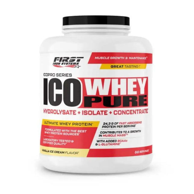ICO WHEY PURE Vanille Crème Glacée - First Iron Systems | Protéine de lactosérum à absorption rapide pour le développement musculaire et la récupération optimale.