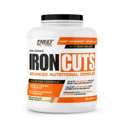 Contenant plastique blanc avec couvercle noir de first iron systems iron cuts complexe nutritionnel tout-en-un 1100g