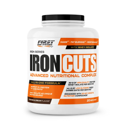 Conteneur blanc en plastique à couvercle noir avec étiquette orange et noire iron cuts 1100g de first iron systems, complexe nutritionnel tout-en-un