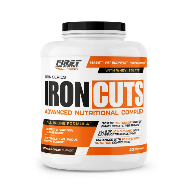 Conteneur blanc en plastique à couvercle noir avec étiquette orange et noire iron cuts 1100g de first iron systems, complexe nutritionnel tout-en-un