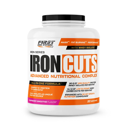Conteneur blanc en plastique avec couvercle noir de first iron systems iron cuts complexe nutritionnel tout-en-un 1100g
