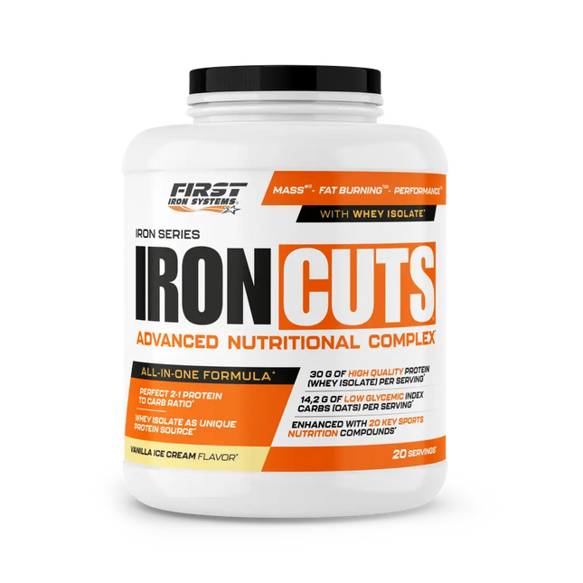 Pot de plastique blanc avec couvercle noir et étiquette orange et noire iron cuts protéine vanille 1100g complexe nutritionnel tout-en-un farine d’avoine complète complète ig bas