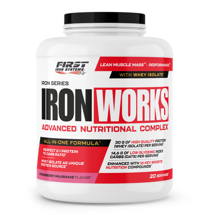 Contenant blanc en plastique avec couvercle noir et étiquette rouge et noir iron works pour complexe nutritionnel tout-en-un iron works 1100g