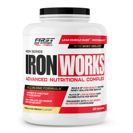 Pot de plastique blanc avec lid noir et étiquette iron works rouge jaune noir poudre protéinée vanille complexe nutritionnel tout-en-un