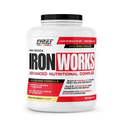 Pot de plastique blanc avec lid noir et étiquette iron works rouge jaune noir poudre protéinée vanille complexe nutritionnel tout-en-un