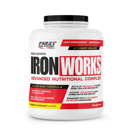 Conteneur blanc en plastique avec couvercle noir iron works 2200g pour masse musculaire sans sucres ajoutés