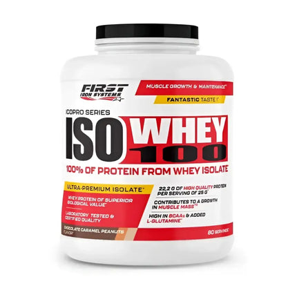 Iso Whey 100 2000g Saveur Chocolat Caramel Cacahuete -  First Iron Systems | Isolat de lactosérum natif enrichi en L-Glutamine, haute teneur en protéines et BCAA, sans lipides ni glucides, idéal pour la prise de muscle sec et la récupération
