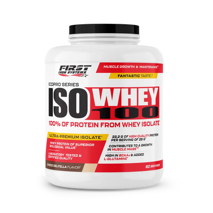 Conteneur blanc en plastique avec couvercle noir iso whey 100 first iron systems 2000g pour récupération musculaire et dissolution parfaite