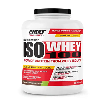 Iso Whey 100 2000g Saveur Chocolat Pistache -  First Iron Systems | Isolat de lactosérum natif enrichi en L-Glutamine, haute teneur en protéines et BCAA, sans lipides ni glucides, idéal pour la prise de muscle sec et la récupération