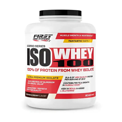 Iso Whey 100 2000g Saveur Cookies & Cream -  First Iron Systems | Isolat de lactosérum natif enrichi en L-Glutamine, haute teneur en protéines et BCAA, sans lipides ni glucides, idéal pour la prise de muscle sec et la récupération