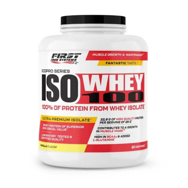 Iso Whey 100 2000g Saveur Vanille -  First Iron Systems | Isolat de lactosérum natif enrichi en L-Glutamine, haute teneur en protéines et BCAA, sans lipides ni glucides, idéal pour la prise de muscle sec et la récupération