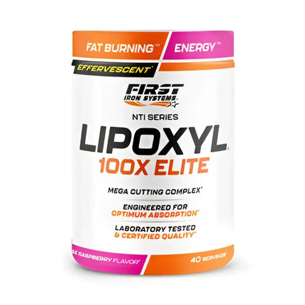 Contenant blanc cylindrique avec accents orange et rose lipoxyl 100x elite 400g aide à réduire et définition musculaire