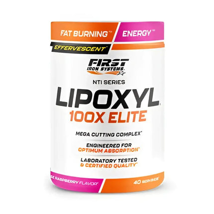 Contenant blanc cylindrique avec accents orange et rose lipoxyl 100x elite 400g aide à réduire et définition musculaire