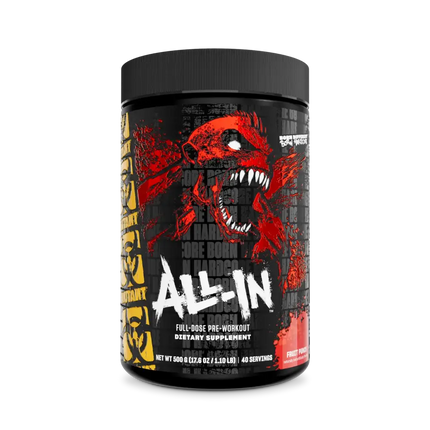 Conteneur cylindrique noir mutant madness all-in 504g avec graphique rouge et blanc crâne rugissant pre-workout citrulline malate créatine monohydrate