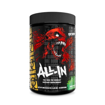 Contenant cylindrique noir mutant madness all-in 504g avec graphique rouge et blanc d un crâne rugissant supplément pré-workout comprenant citrulline malate et créatine monohydrate