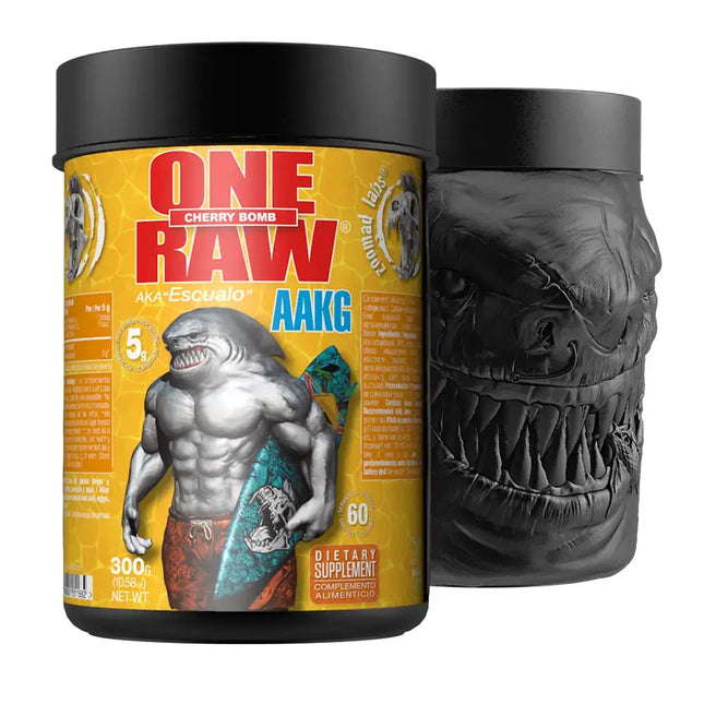 Deux contenants de suppléments nutritionnels One Raw AAKG 300g par Zoomad Labs, booster d’oxyde nitrique