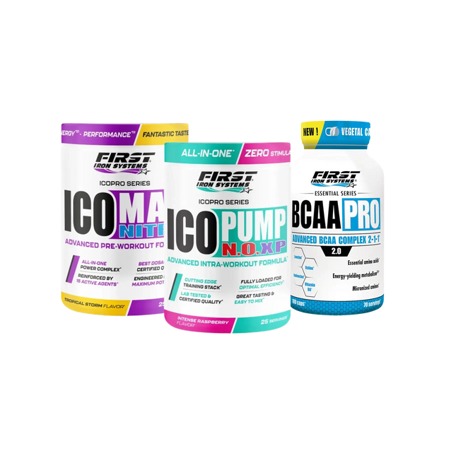 Pack Performance 1 ICOPRO SERIES de First Iron Systems contenant 1 Ico Pump N.O. XP 375g, 1 Ico Max Nitro 375g et 1 BCAA Pro 180 gélules pour développer la masse musculaire, optimiser la capacité de performance et bénéficier d'un soutien complet avant, pendant et après l'effort.