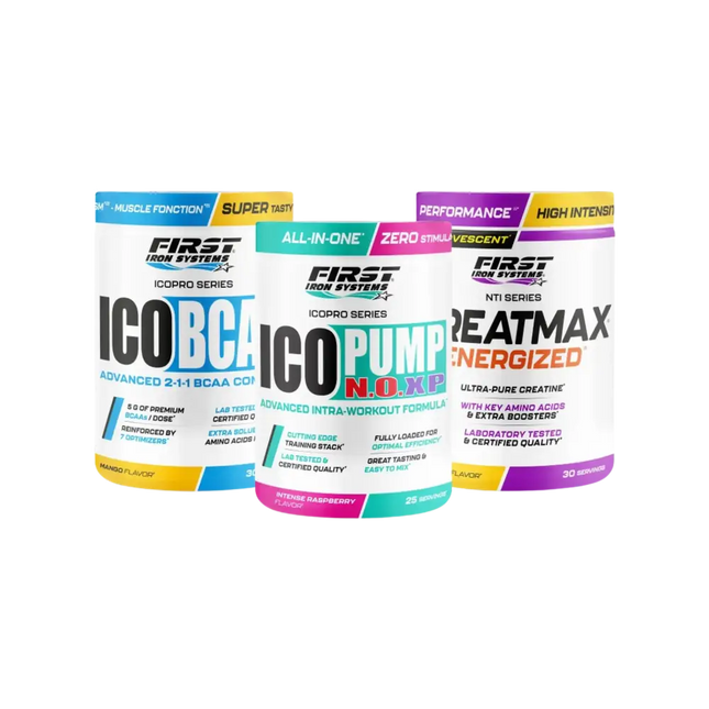Pack Performance 2 ICOPRO SERIES de First Iron Systems contenant 1 Ico Pump N.O. XP 375g, 1 Creatmax pH Perfect 450g et 1 ICO BCAA 300g pour optimisation des performances sportives