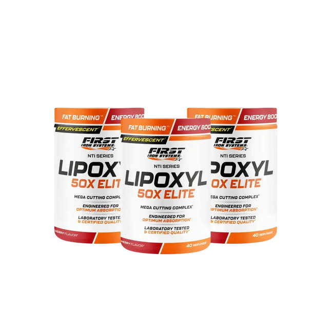 Pack Sèche et Définition 3 NTI SERIES contenant 3 Lipoxyl 50X Elite - First Iron Systems | Brûleur de graisses effervescent avec L-Carnitine, thé vert, guarana et caféine pour une définition musculaire optimale.
