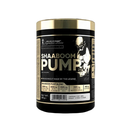 Conteneur cylindrique noir et doré de shaboom pump 385g poudre preworkout avec illustration musculaire sur l’étiquette
