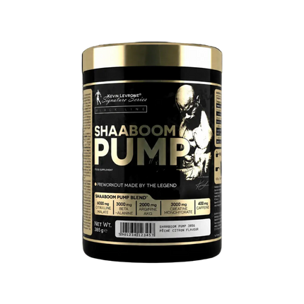 Conteneur noir et or kevin levrone shaboom pump 385g poudre preworkout avec illustration musculaire sur l’étiquette