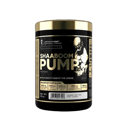 Conteneur cylindrique noir et or de shaboom pump 385g kevin levrone saveur raisin poudre preworkout