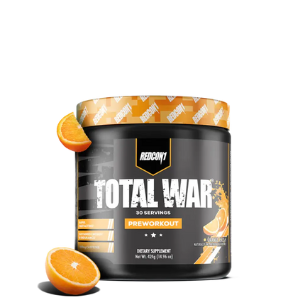 Complément pré-entraînement orange Total War avec citrulline malate pour congestion musculaire